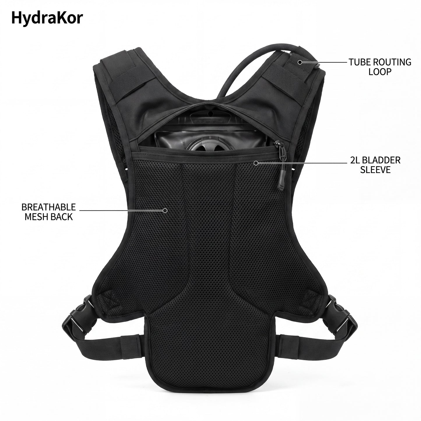 HydraKor hydration vest back view breathable mesh panel and 2L bladder sleeve
