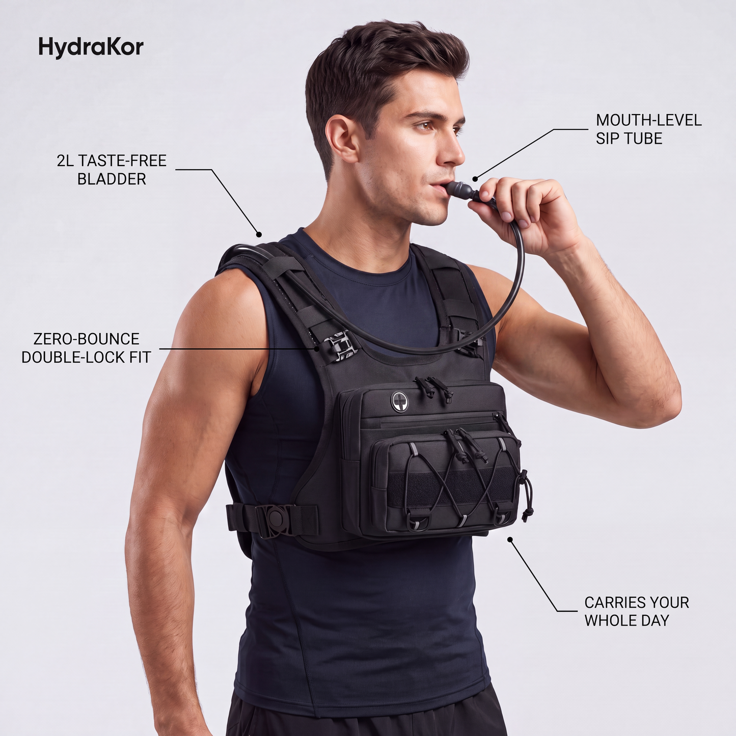 HydraKor 2L hands-free hydration vest worn by runner, black zero-bounce tactical chest pack