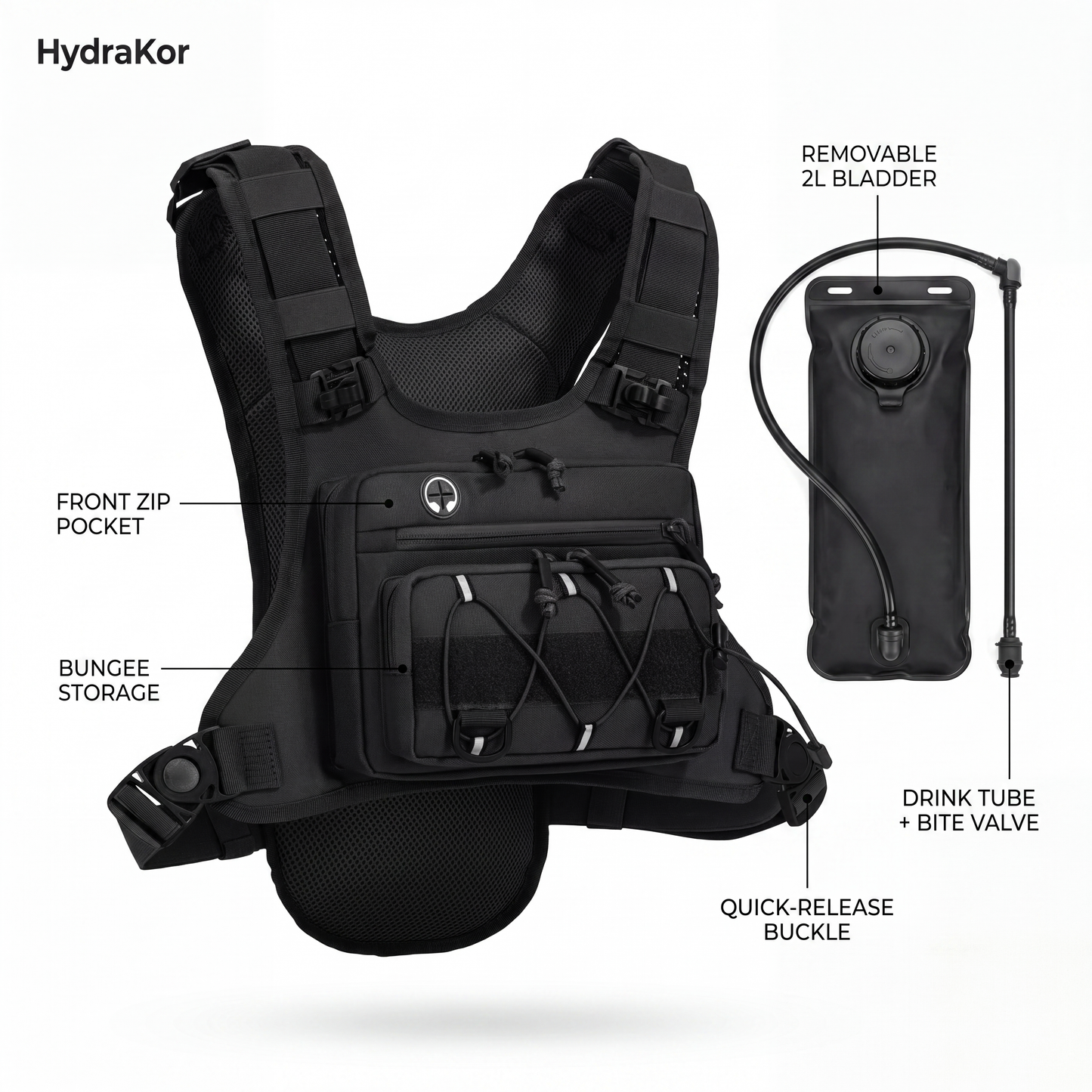 HydraKor hydration vest with removable 2L bladder, drink tube and pockets, black tactical running vest