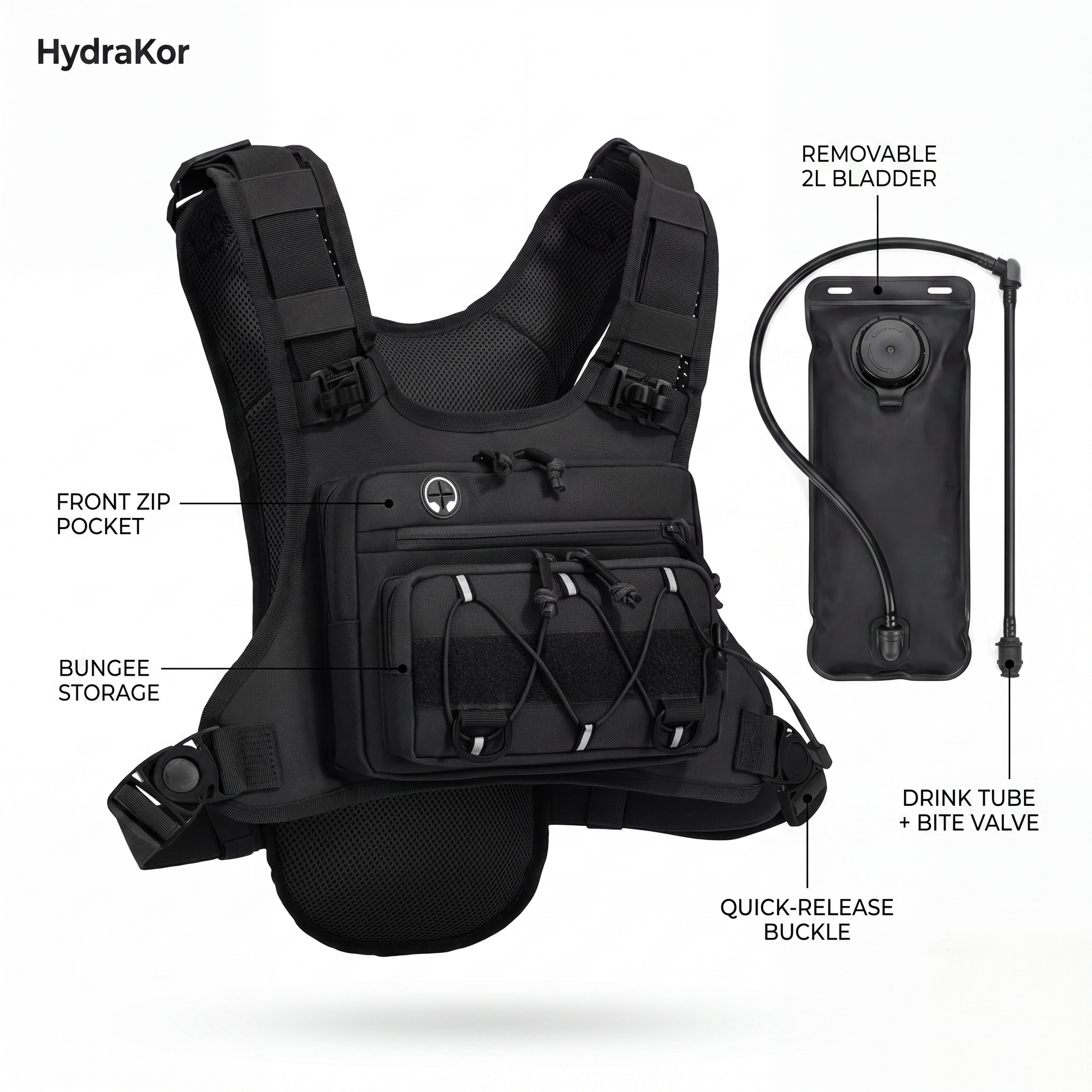 HydraKor hydration vest with removable 2L bladder, drink tube and pockets, black tactical running vest