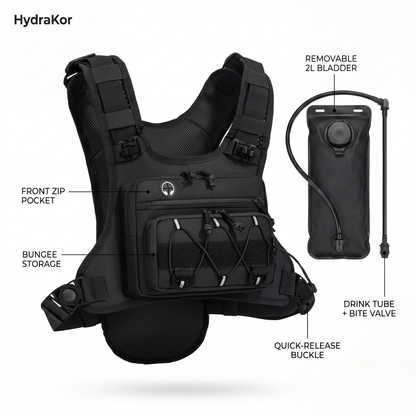 HydraKor hydration vest with removable 2L bladder, drink tube and pockets, black tactical running vest