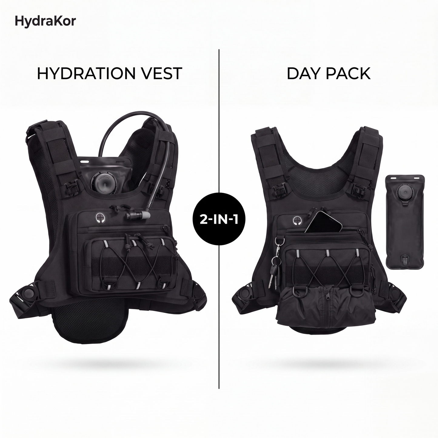 HydraKor 2-in-1 hydration vest converts to day pack, removable 2L water bladder