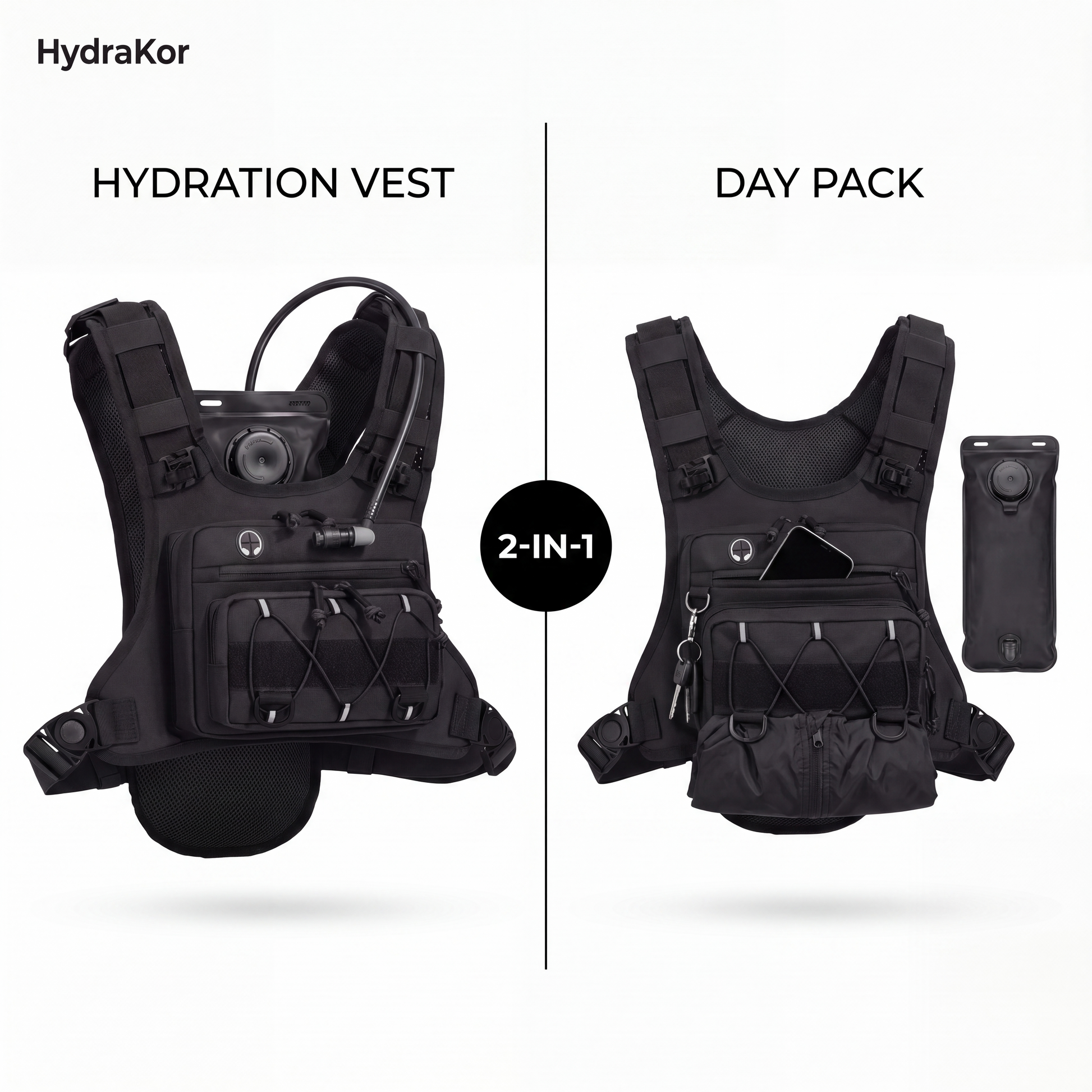 HydraKor 2-in-1 hydration vest converts to day pack, removable 2L water bladder