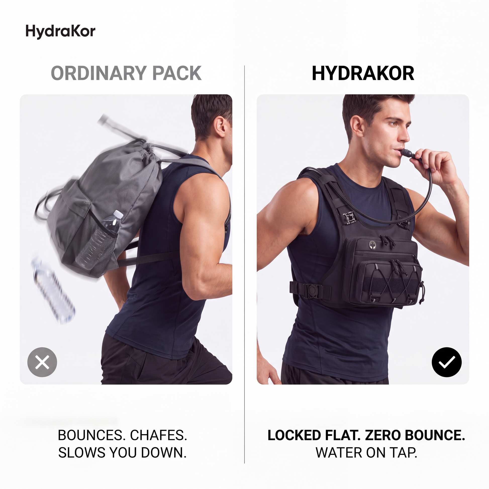 HydraKor zero bounce hydration vest vs ordinary bouncing running backpack comparison