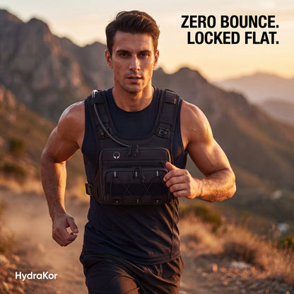 Trail runner wearing HydraKor black hydration vest at golden hour, zero bounce running vest