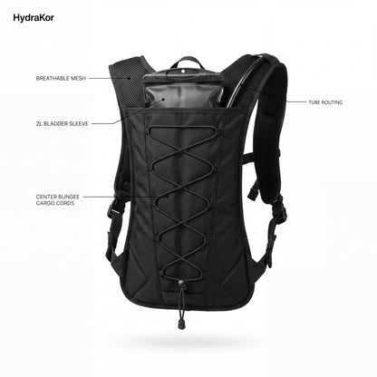 HydraKor hydration vest back view: breathable mesh, 2L bladder sleeve, center bungee cargo cords, tube routing