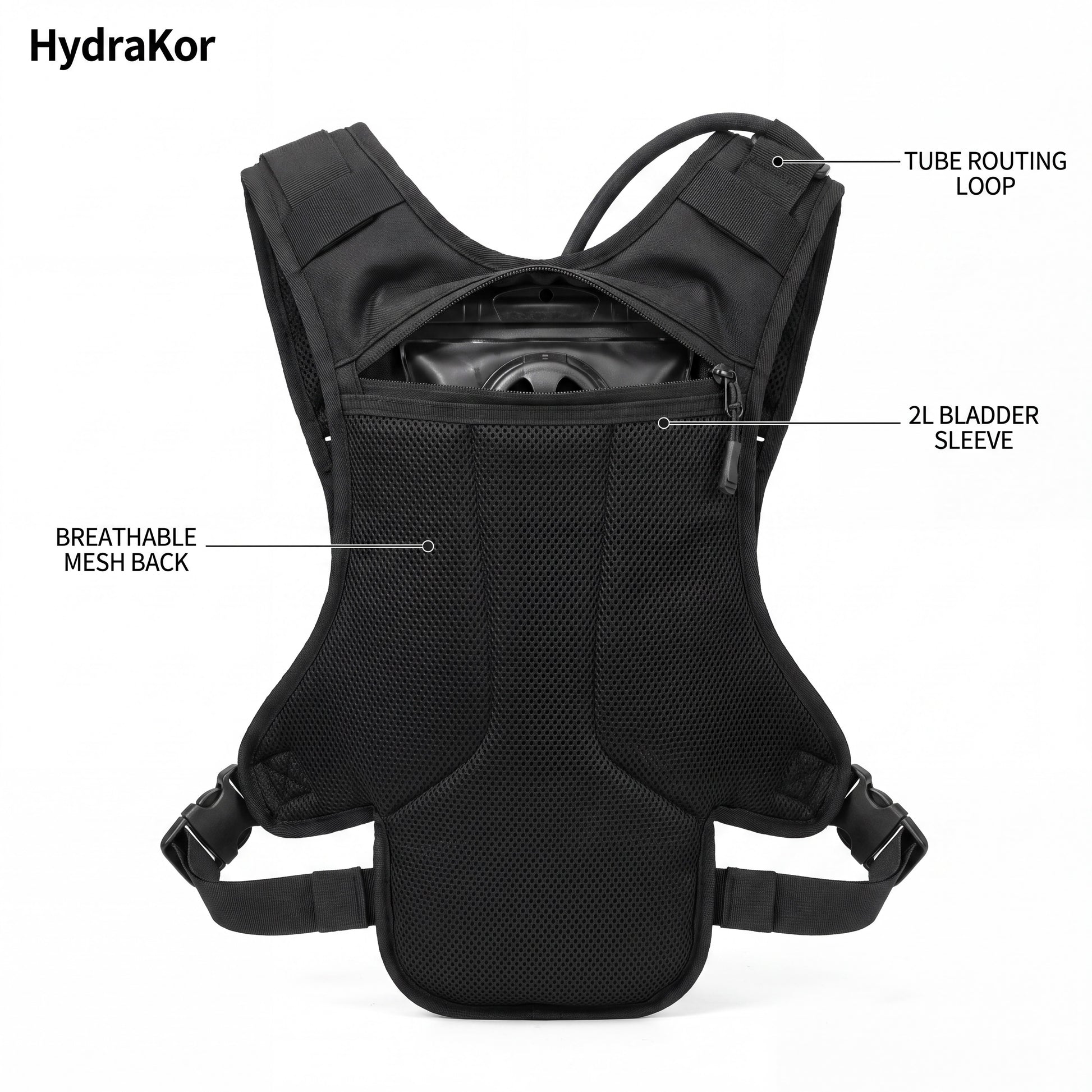 HydraKor hydration vest back view breathable mesh panel and 2L bladder sleeve