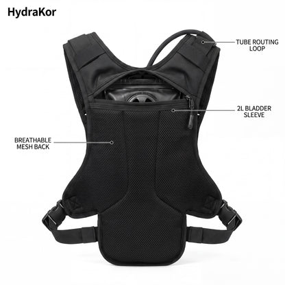 HydraKor hydration vest back view breathable mesh panel and 2L bladder sleeve