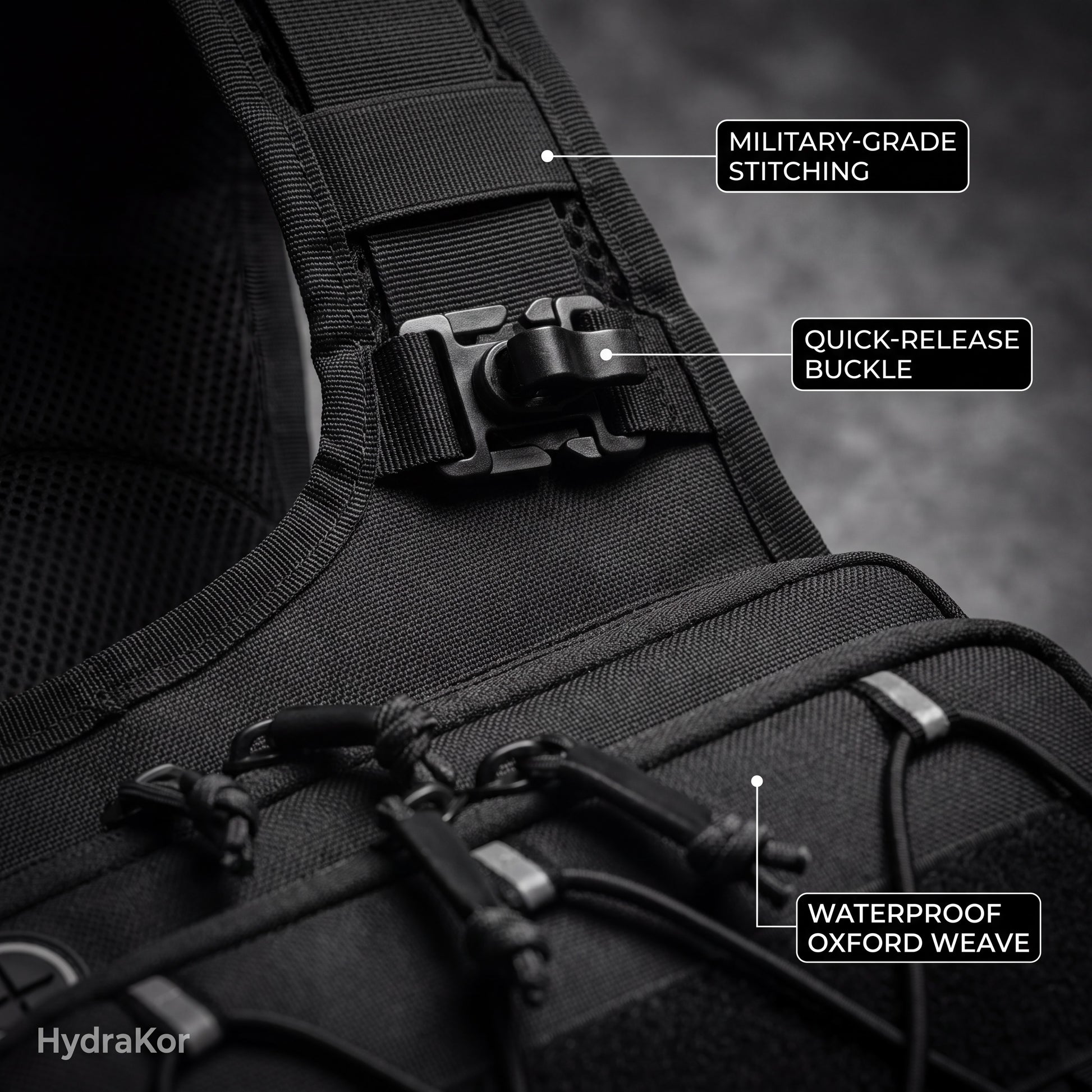 HydraKor hydration vest military grade stitching quick release buckle waterproof oxford close up