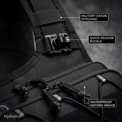 HydraKor hydration vest military grade stitching quick release buckle waterproof oxford close up