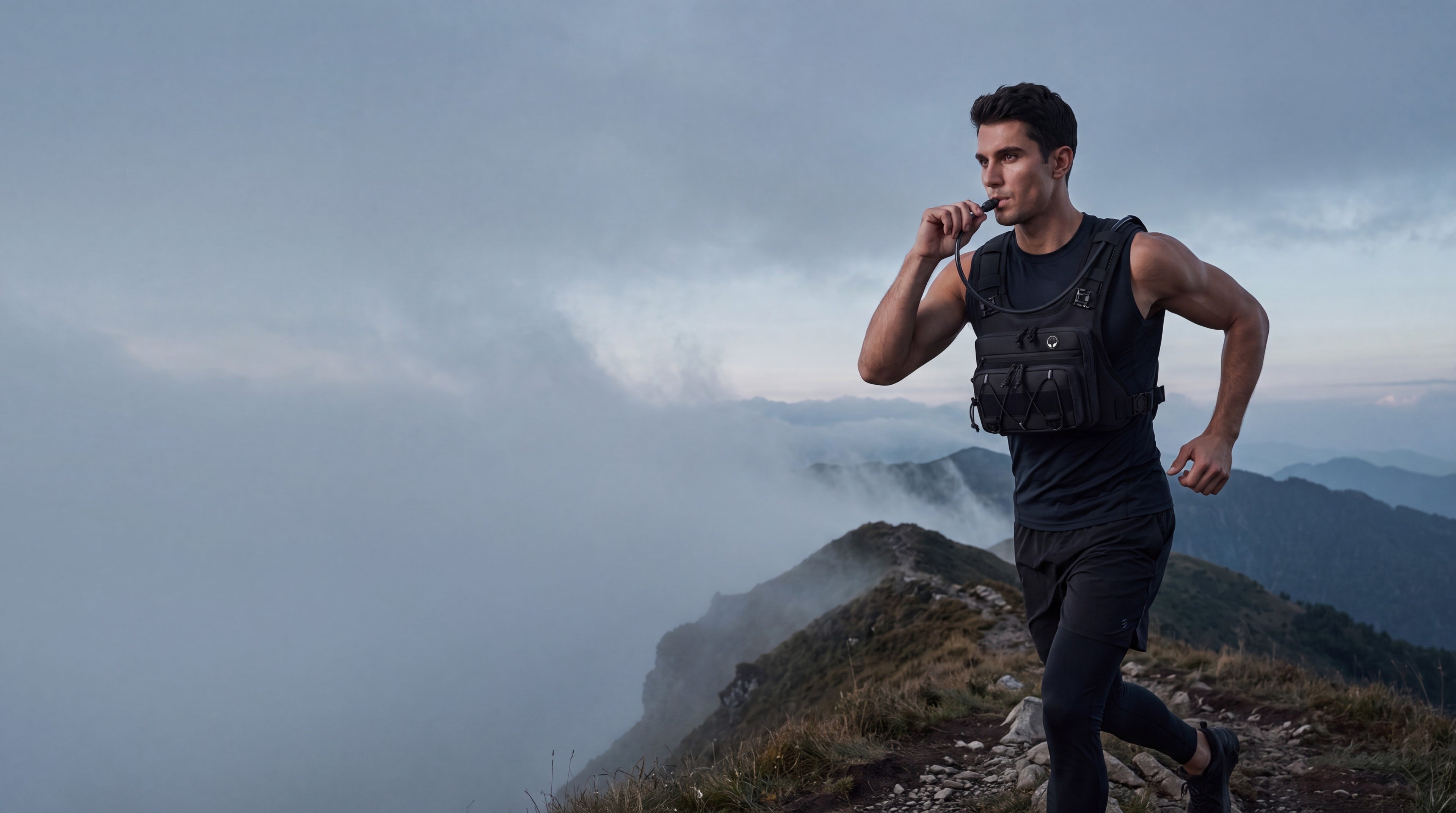 Trail runner at dawn wearing HydraKor 2L hands-free hydration vest on mountain ridge