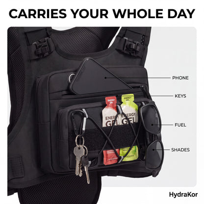HydraKor running vest storage pockets fit phone keys energy gels sunglasses