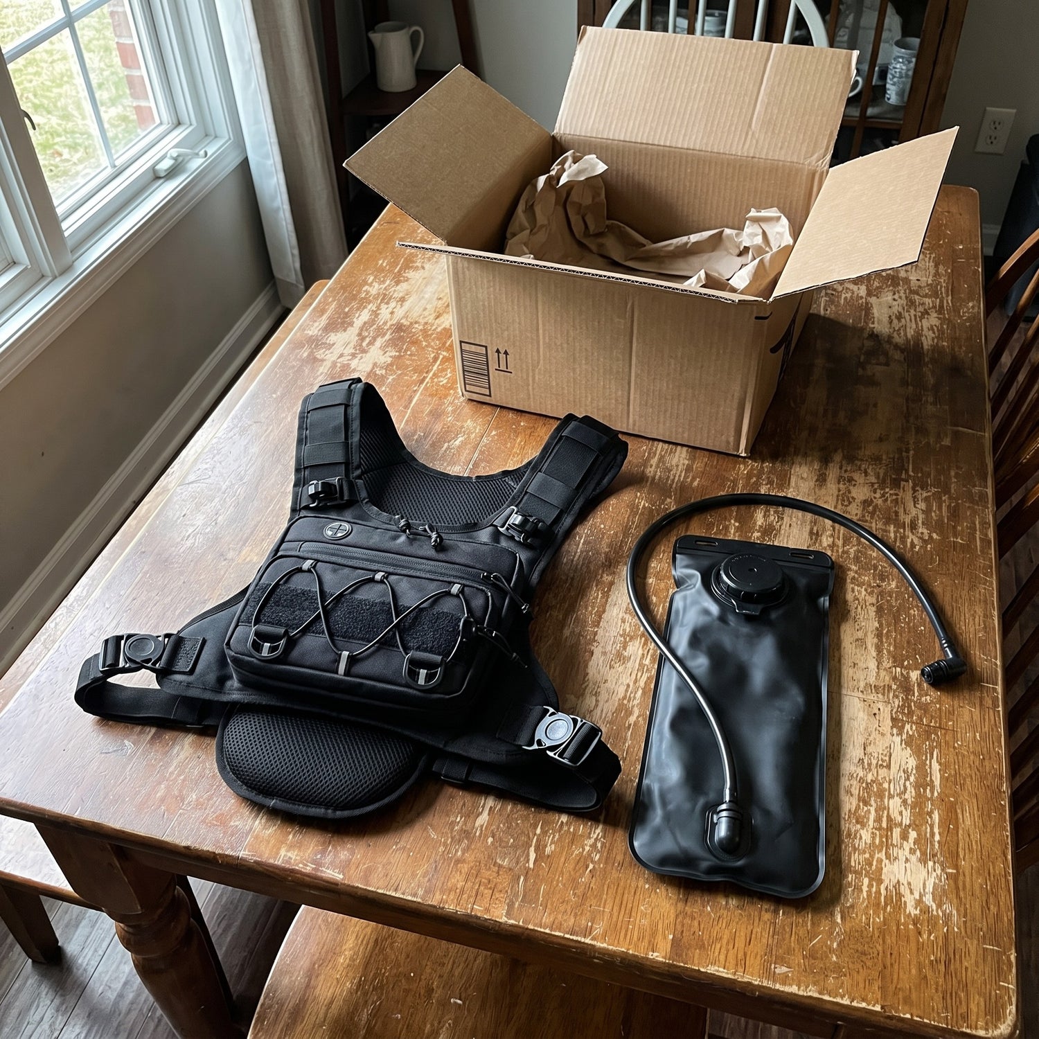 HydraKor hydration vest customer unboxing photo with 2L water bladder