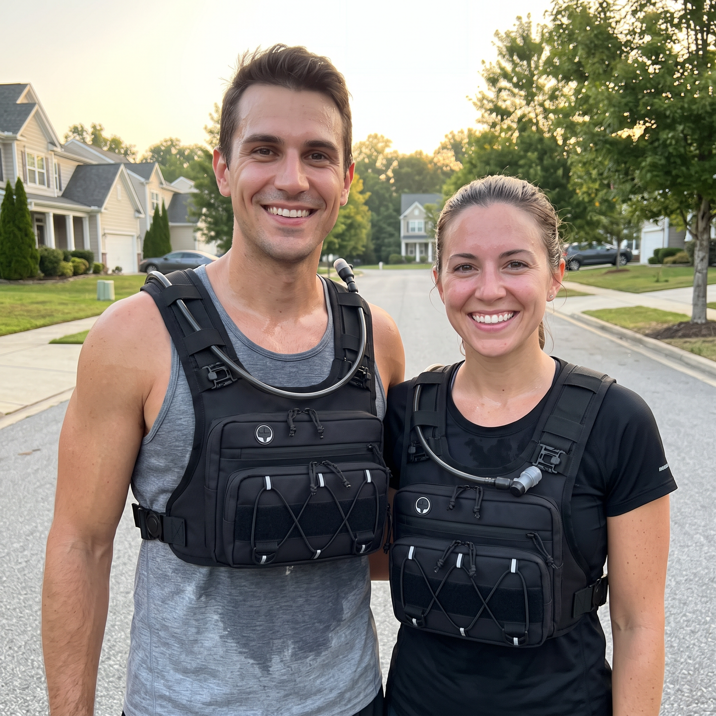 Couple wearing HydraKor hydration vests after Sunday morning run together