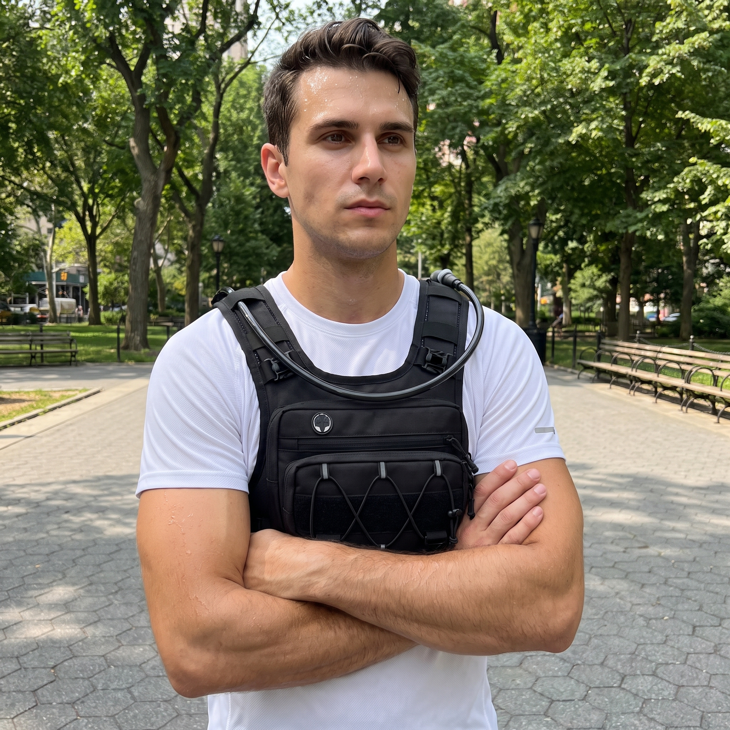 Customer wearing HydraKor black hydration vest in city park after run