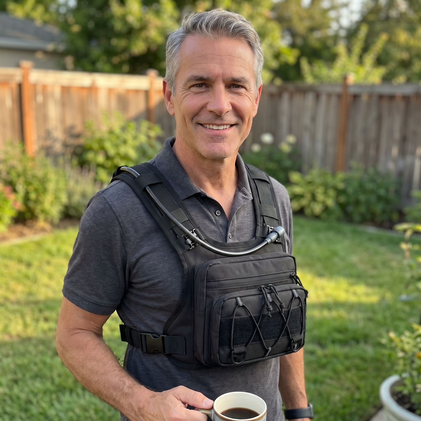 Older customer wearing HydraKor hydration vest for daily morning walks