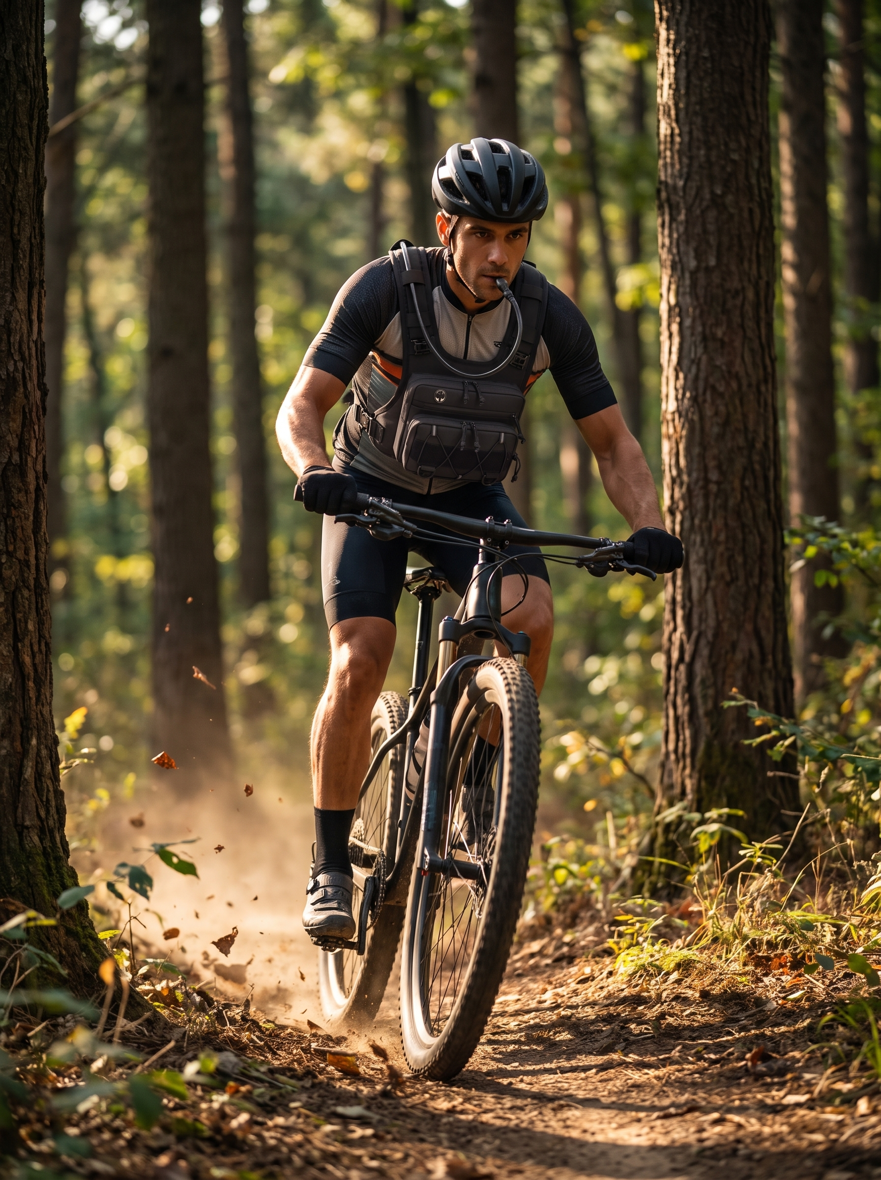 Mountain biker on forest trail wearing HydraKor hands-free hydration vest