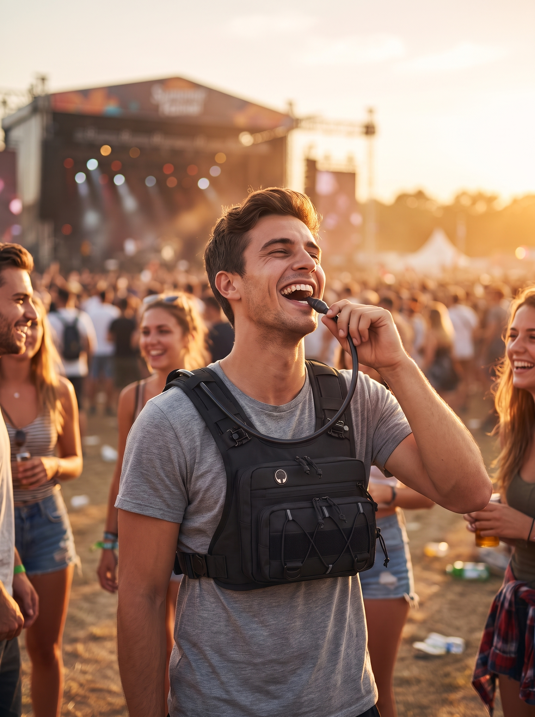Man at summer music festival wearing HydraKor hydration vest hands free water