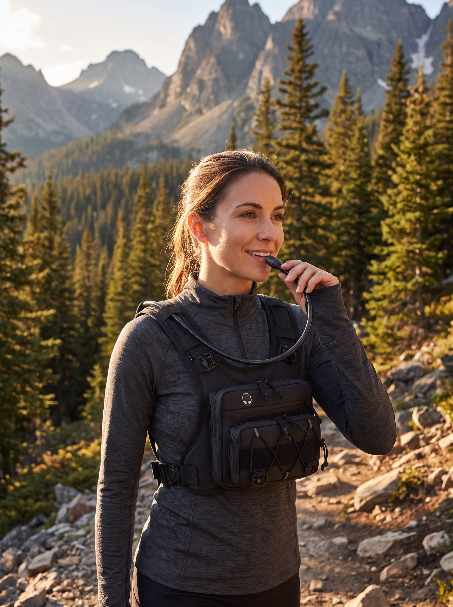 Woman hiking national park trail wearing HydraKor 2L hydration vest