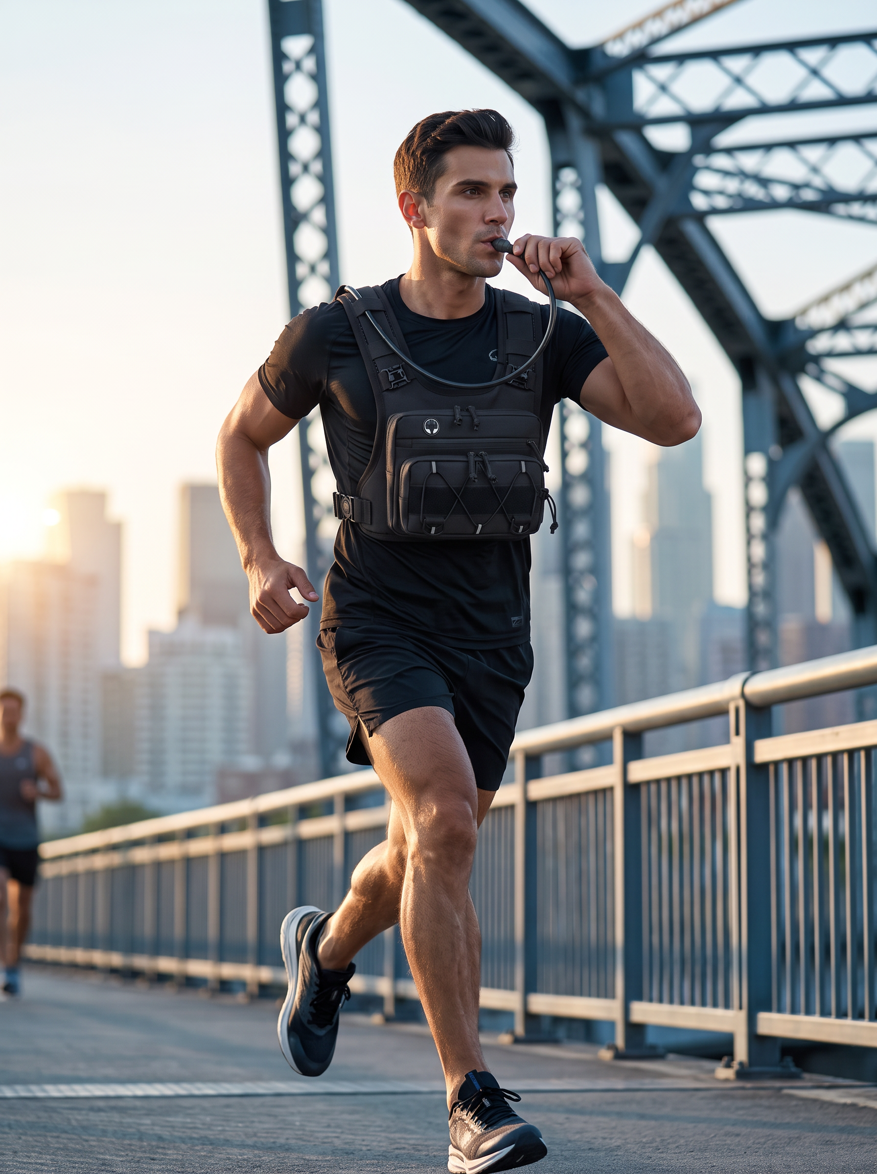 Marathon runner training on city bridge wearing HydraKor hydration vest
