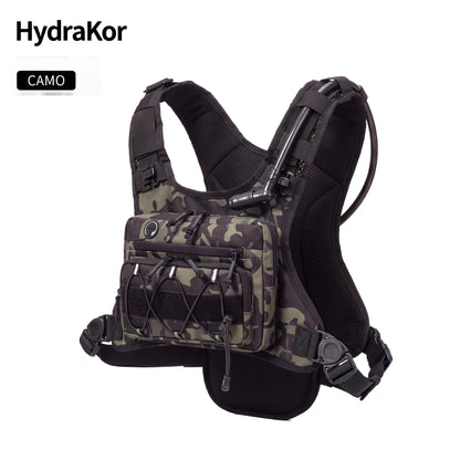 HydraKor hydration vest camo colorway, camouflage tactical chest pack with 2L bladder
