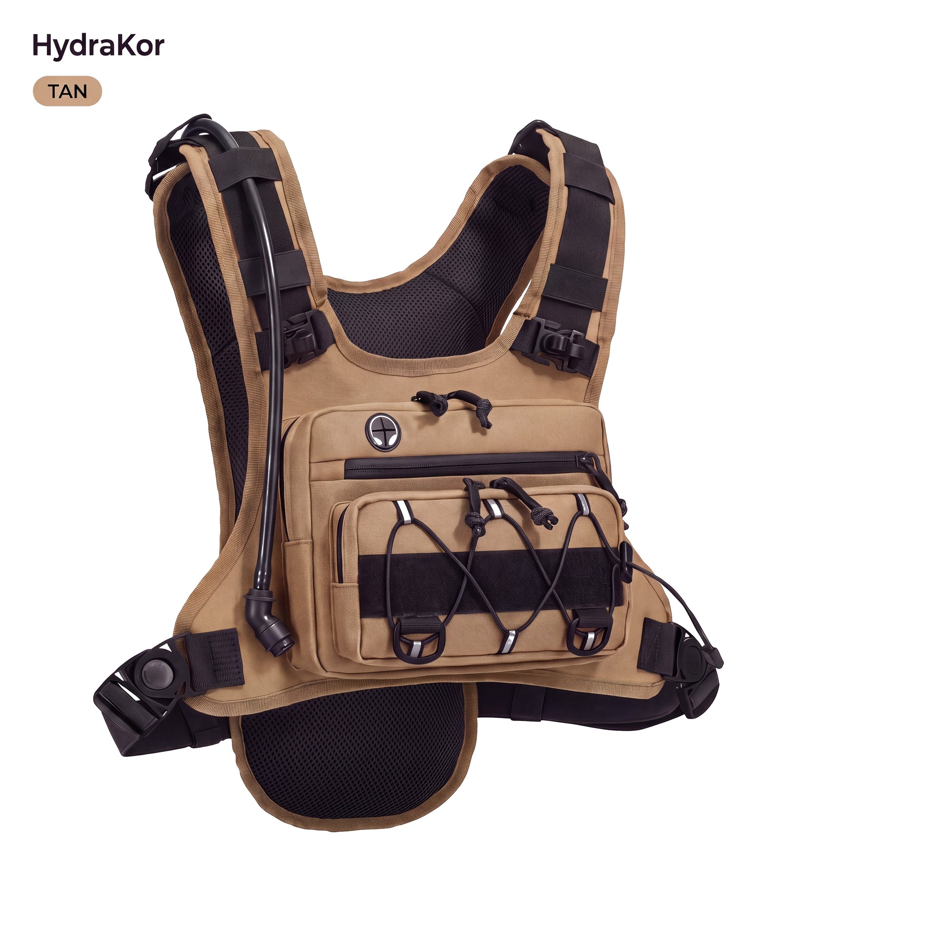 HydraKor hydration vest tan khaki colorway, desert tactical chest pack with 2L bladder